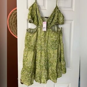 Sleeveless Babydoll Cut Out Dress, Green Floral